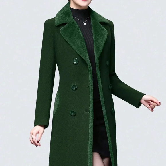 Green Casual Women's Stylish Double-Breasted Notched Lapel Midi Pea Coat - Picture 1 of 5